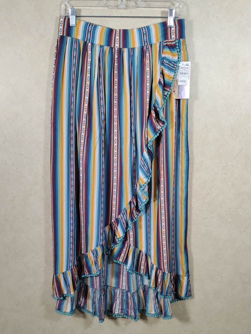 H169 Panhandle Western Striped Multicolor Ruffle Maxi Skirt L NWT